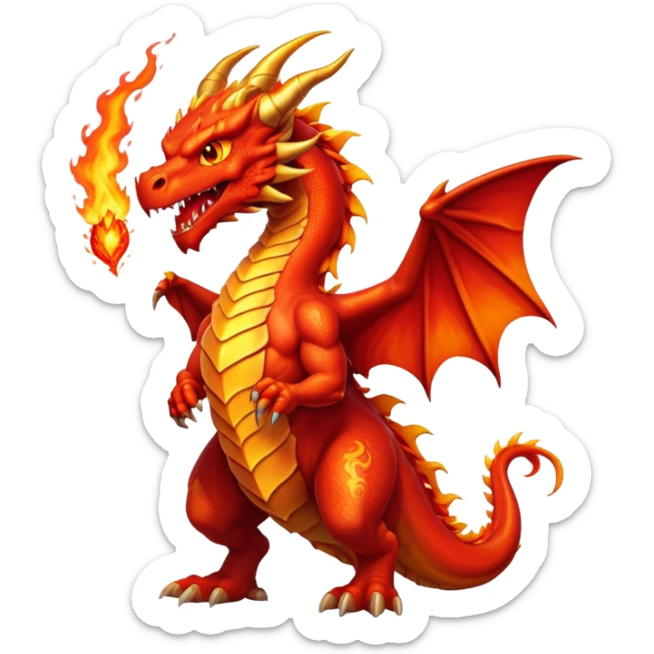 cinematic-noble-fierce-fire-dragon-full body-emoji,-poised-and-imposing,-with-a-muscular,-scaled-body-ablaze-in-fiery-hues-of-crimson,-molten-orange,-and-molten-gold,-and-intense,-burning-eyes-that-mirror-the-heart-of-a-volcano;-rendered in detail sticker