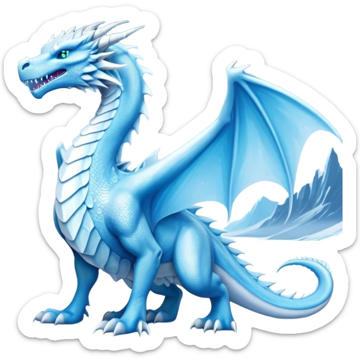 Cinematic Noble wise elegant Ice Dragon full body  Emoji, Poised and imposing, distinct long elegant snout, with a slender, scaled body shimmering in glacial hues of icy blue, frostbitten silver, and crystalline white, breathing out frost, with piercing, glowing ice blue white eyes that radiate the chilling depths of an arctic storm; rendered in detail. excuding wisdom sticker