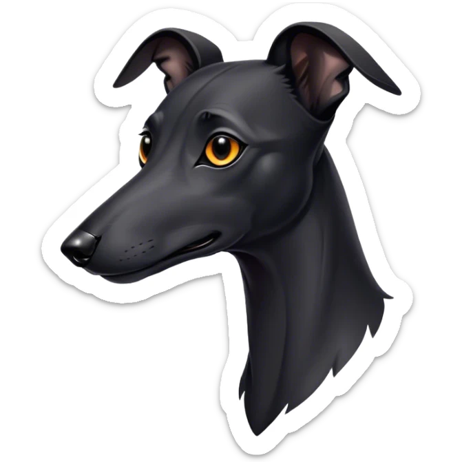 Cinematic Noble Black Greyhound Portrait Emoji, Poised and regal, with a lean, graceful build and a sleek, jet-black Fur, deep-set soulful dark eyes, Simplified yet sharp and sophisticated features, highly detailed, glowing with a soft, dignified glow, high shine, intelligent and swift, stylized with an air of elegance, focused and attentive, soft glowing outline, capturing the essence of a watchful and commanding racer, so majestic it feels as though it could sprint out of the screen with effortless authority! sticker