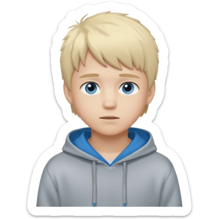 Teen boy with blue eyes and Grey hoodie standing up with blond short hair and fluffy bangs sticker