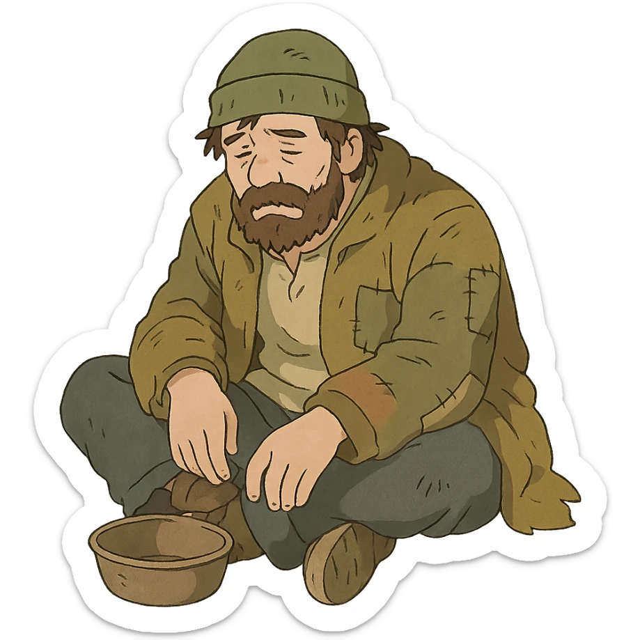 homeless person, cartoon style, soft colors, Ghibli style, no background sticker