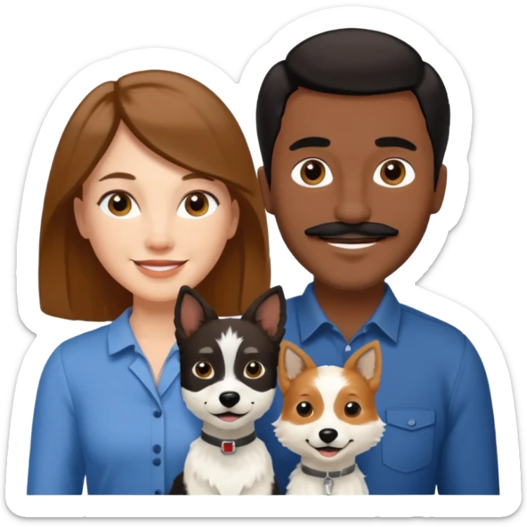 Quiero a una mujer blanca  con el pelo por el hombro lacio castaño  con un hombre de color morochito con el pelo negro y bigote, ambos felices  y un solo perro blanco Fox terrier  sticker