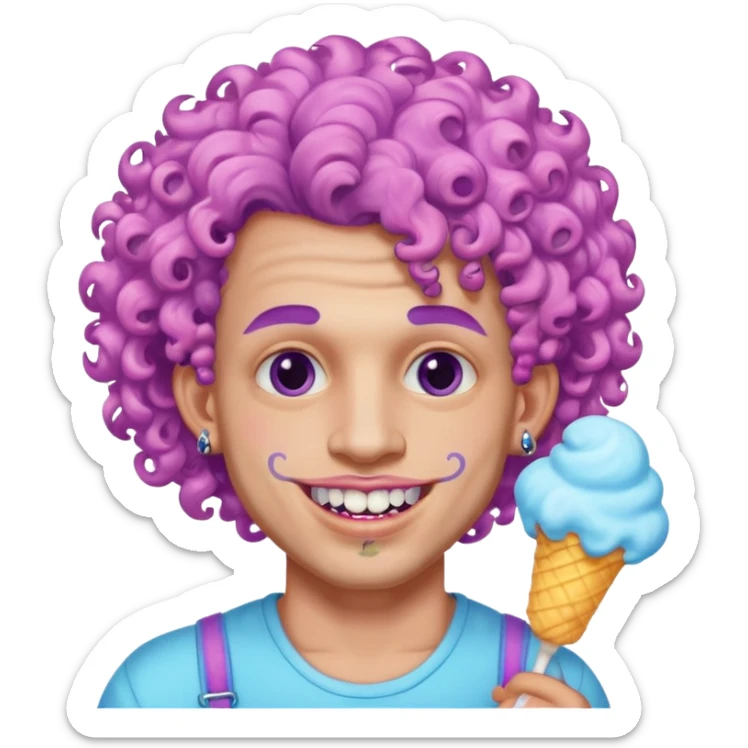 very cheerful colorful puffy violet curly haired man made out of cotton candy wearing teeth-braces and tattoos and face tattoos just face  sticker