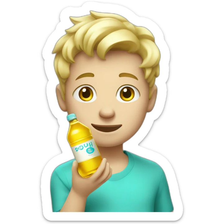 Fat blonde boy in a cyan shirt holding a bottle of cooking oil sticker