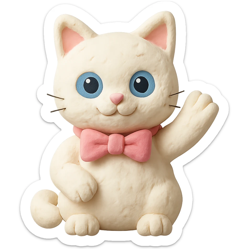 white cat with blue eyes very cute with a pink bow on his neck waving hello, claymation style sticker