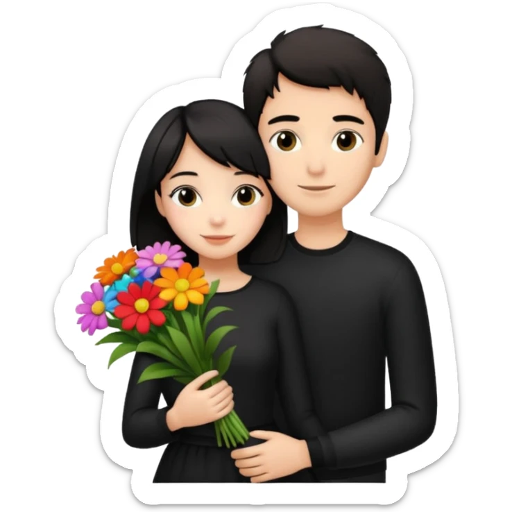 a pretty bratz fair girl with short black shaggy hair with a tall boy hugging her and flowers wearing black  sticker