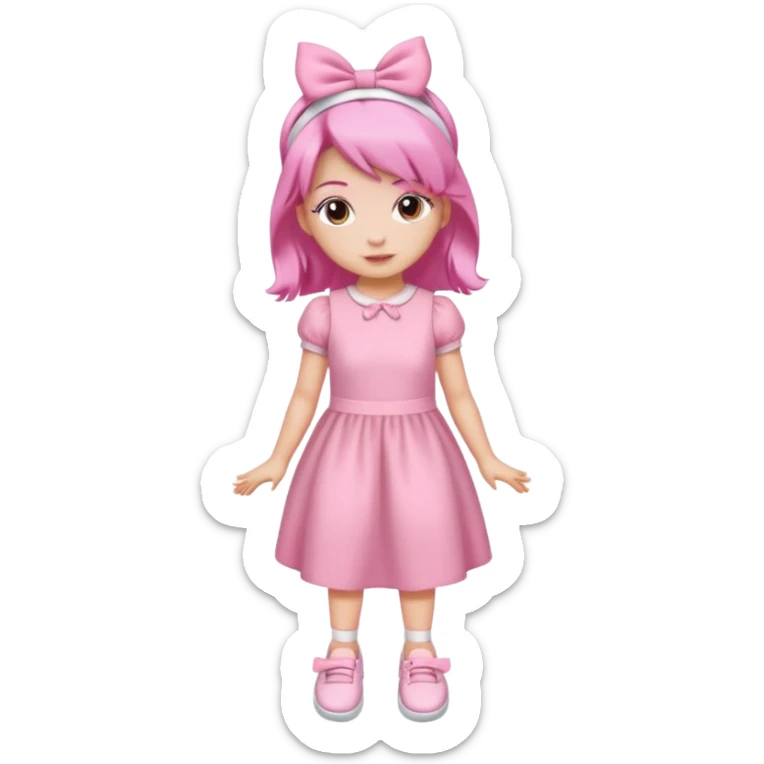 A girl wear a a pink pink dress and pink wacth and a pink hairband and a white shoes sticker