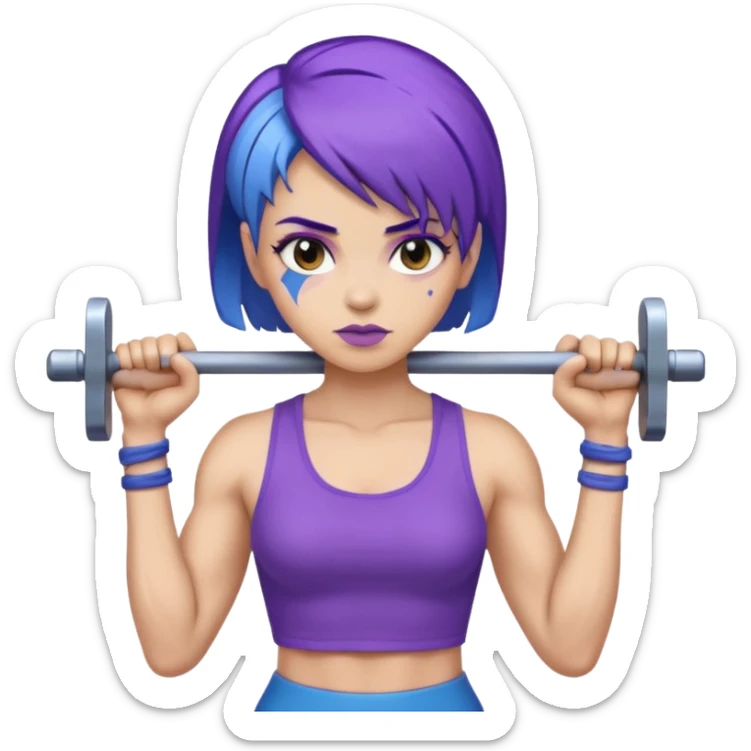 weight lift woman short blue purple har muscles bar is not growing from head sticker