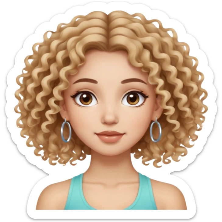 cute balayage curly/wavy haired girl, hoop earrings, clean girl makeup DOING YOGA sticker