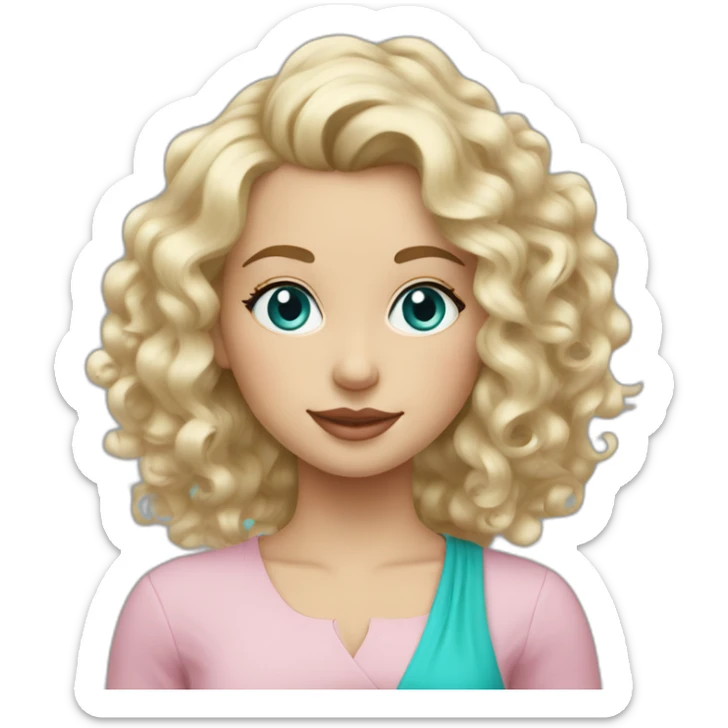 Blonde curly hair mid length sidecut.  Belgian girl. blue eyes with turquoise earrings and light pink features sticker