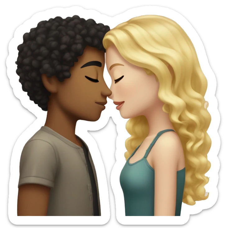 Blonde girl with freckles and closed eyes kissing boy with black curly hair and closed eyes and tan skin sticker