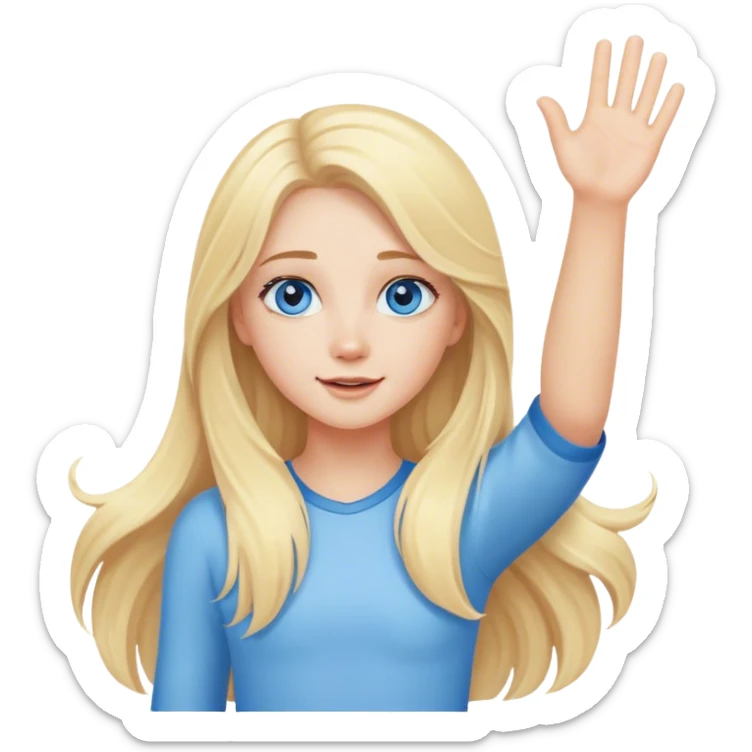 A cute blonde girl with long hair and blue eyes waves arm hello sticker