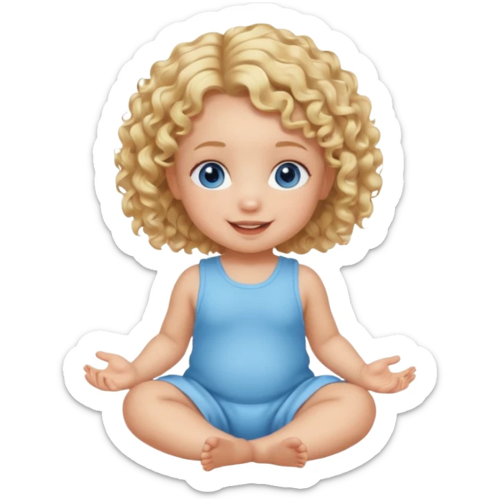 blonde curly hair blue eye baby girl sitting on the floor talking sticker