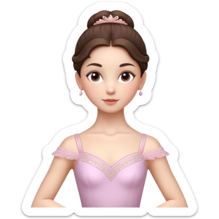 Cinematic Realistic ballerina Portrait, depicted with lifelike skin texture, subtle rosy undertones, and soft natural lighting that enhances the gentle contours of her face. Her intricately detailed sweet brunette hair is elegantly styled, sticker