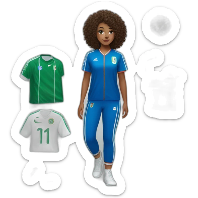 girl curly hair and a Algeria jersey and jogging blue, Nike blazer blue and swoosh blue who says goodbye sticker