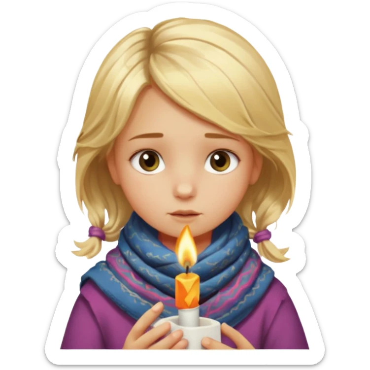 A little girl with messy blonde hair, wrapped in a thin scarf, lighting a match with shaky hands as warm light reflects in her eyes.
 sticker