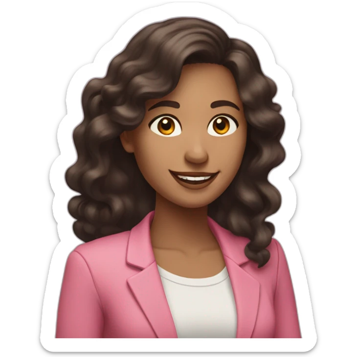 Woman with long dark brown hair with loose curls, pretty smile, dressed with a pink blazer sticker