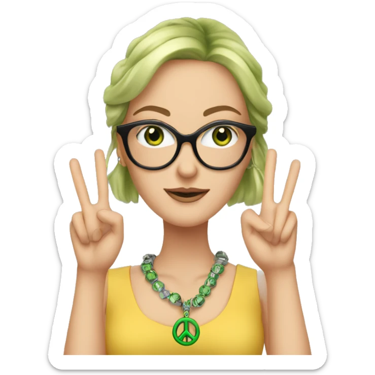 A white women with glasses, and green eyes and doing the peace sign with bracelets around her wrists and fake lashes sticker