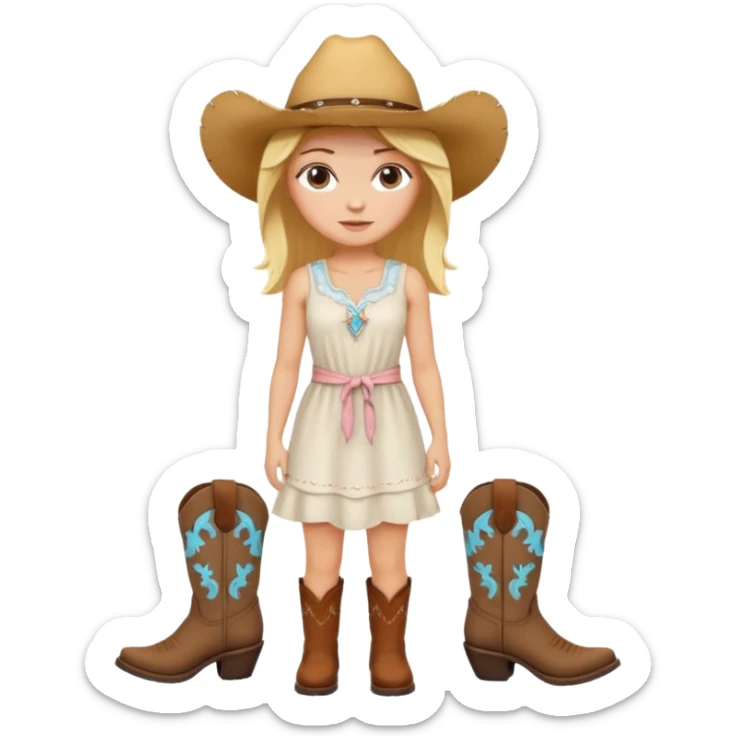 Please give me the woman standing emoji with a peach skin tone, medium length blonde hair, and dark brown eyes. Please make her wear a white sundress and brown cowgirl boots sticker