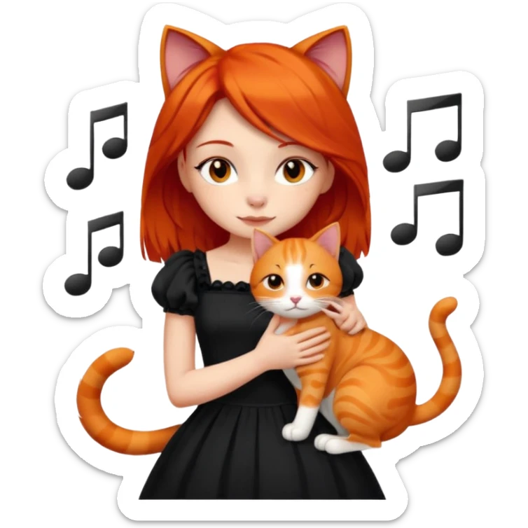 Girl with red hair with black eyes wearing beautiful dress and hug a orange cat and leasing to music   sticker