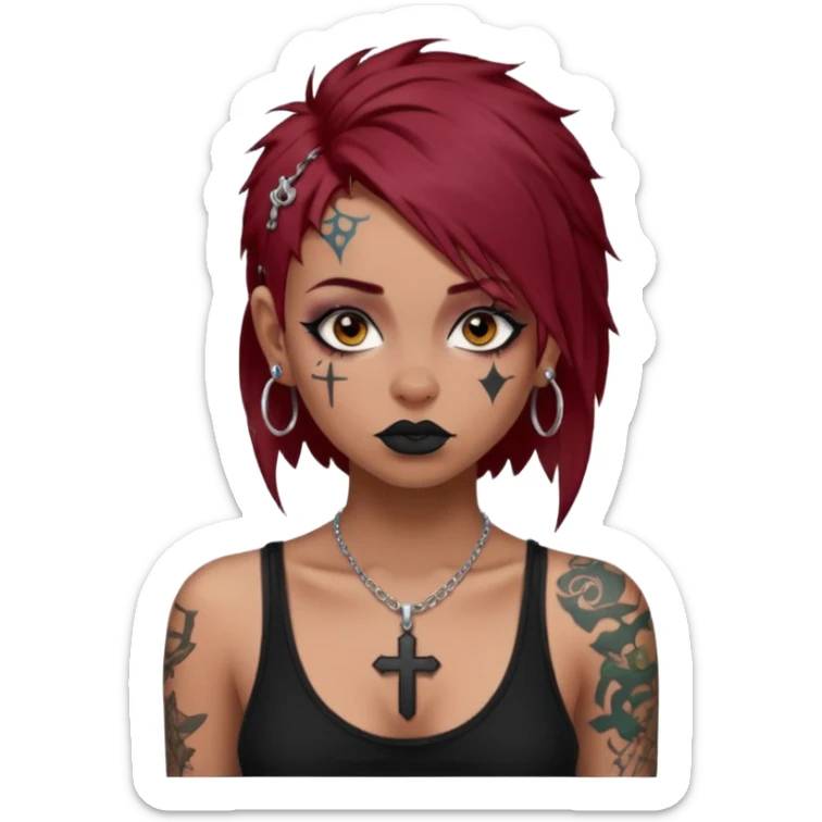 generate an ios genmoji of a girl with dark red messy hair with eyeliner on. septum piercing, wearing a cami black top, has tattoos, on shoulders. ear piercings. wearing a cross silver necklace sticker