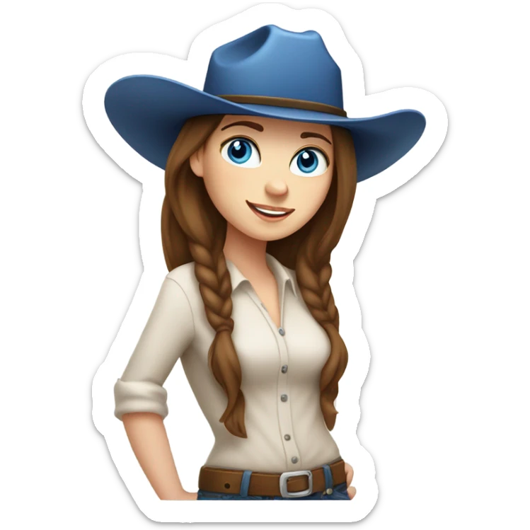 very white girl, with freckles, blue eyes, straight long and brunette hair, riding a cow with a cowgirl hat sticker
