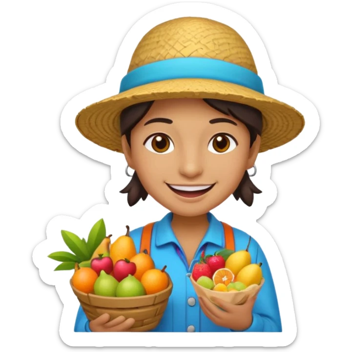3D emoji illustration of a Peruvian street vendor, selling fruits and snacks on the sidewalk, smiling, urban neighborhood in background, bright colors, cartoon style, bold outlines, glossy sticker, transparent background sticker