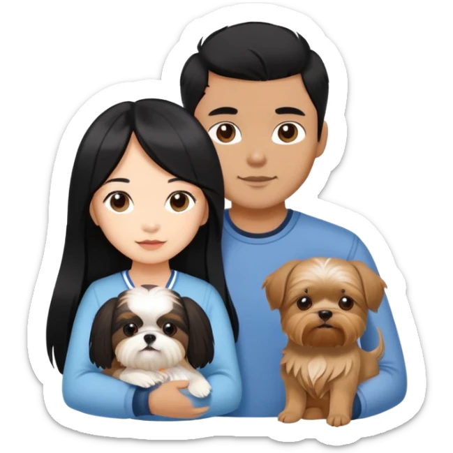 A beautiful Asian girl with long black hair is holding a Yorkshire Terrier. She is standing next to her brown skinned boyfriend, who is holding a Shih Tzu. They are each holding one dog each sticker