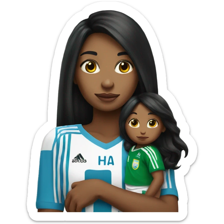 Girl with long black hair wearing a half Argentina half Nigerian jersey holding a baby  sticker