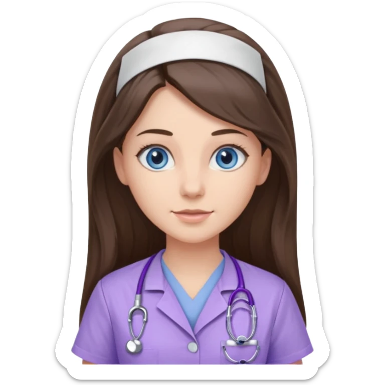 pretty brunette nurse with long hair and blue eyes in lilac scrubs sticker