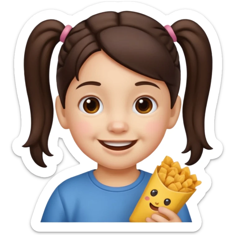 Toddler emoji with two pigtails dark brown hair, fair skin, holding snacks sticker