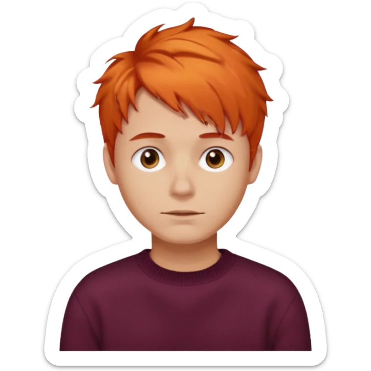 A guy with orange hair, short and messy, dark brown eyes, with a burgundy sweater sticker