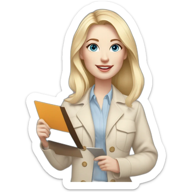 pale skin woman interior designer with cold blonde middle length hair, blue eyes, beige blouse, White oversize jacket, Gray skirt holding a color palette in the hands sticker