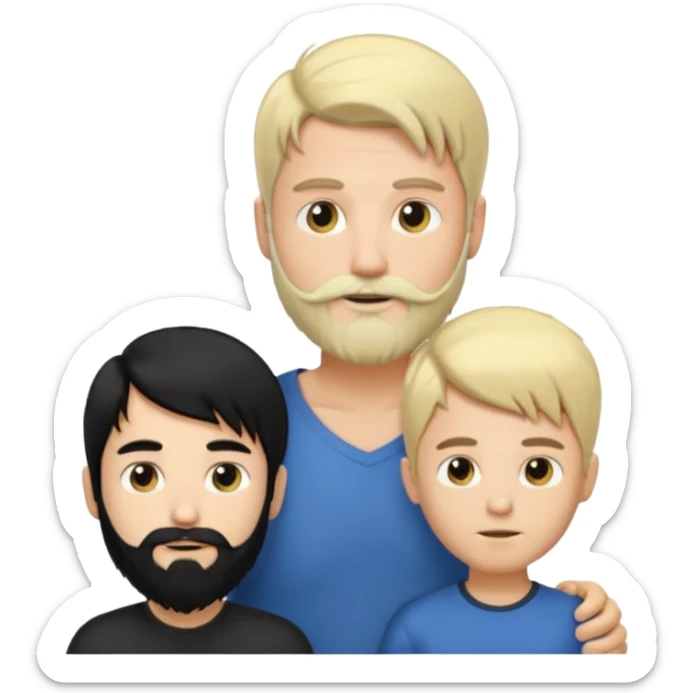 Man with long black hair tied in a tail and beard with a young boy blond short-haired without a beard sticker