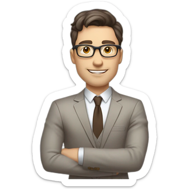 Pale skinned fit man with dark brown hair in gray jacket, beige office shirt, brown tie, brown pants and vintage glasses Writing text on a flipchart sticker