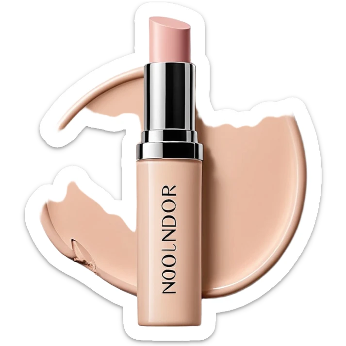 Colorete en barra de maquillaje de lujo, envase cilíndrico beige nude brillante, parte superior con barra rosada, fondo gris claro, iluminación suave. Texto vertical “r h o d e” en minúsculas, tipografía sans serif fina blanca centrada. Fotografía de producto realista. sticker