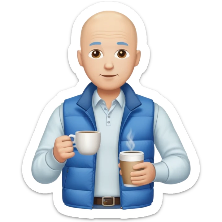 full body bald man wearing long sleeve white shirt with blue puffy winter vest holding a cup of coffee in front of him at his chest sticker