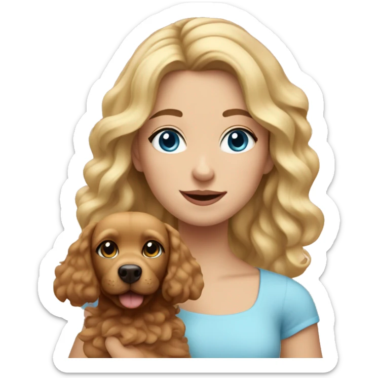 Blonde girl with wavy hair and blue eyes, dressed in pink and holding a small brown dog sticker