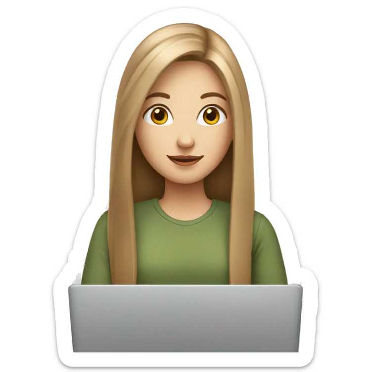 white girl with brown straight long hair and apple laptop sticker