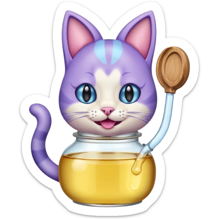 Smiling bottle of oil light purple top and light blue sticking tongue out and with cat ears sticker
