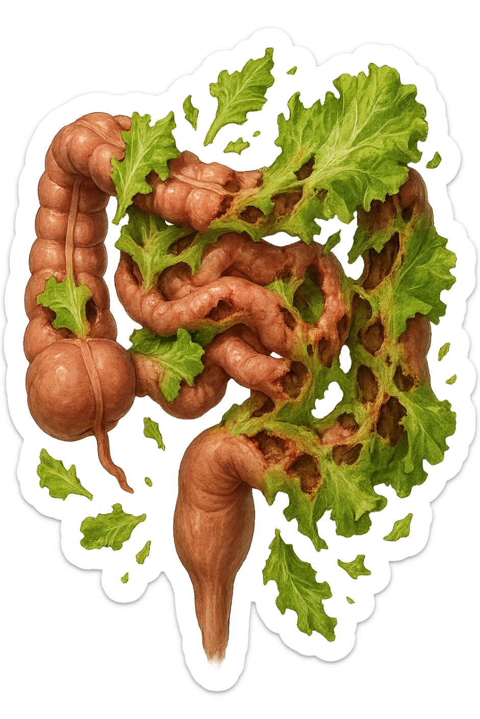 foglie di insalata che attaccano un intestino anatomico umano per distruggerlo sticker