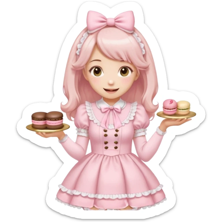 a kawaii girl in a pastel pink lolita hime gyaru dress, smiling and holding a macaron, emoji style sticker