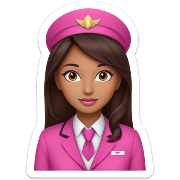 Flight attendant with pink outfit tan skin long dark brown hair with highlights pretty makeup long lashes sticker