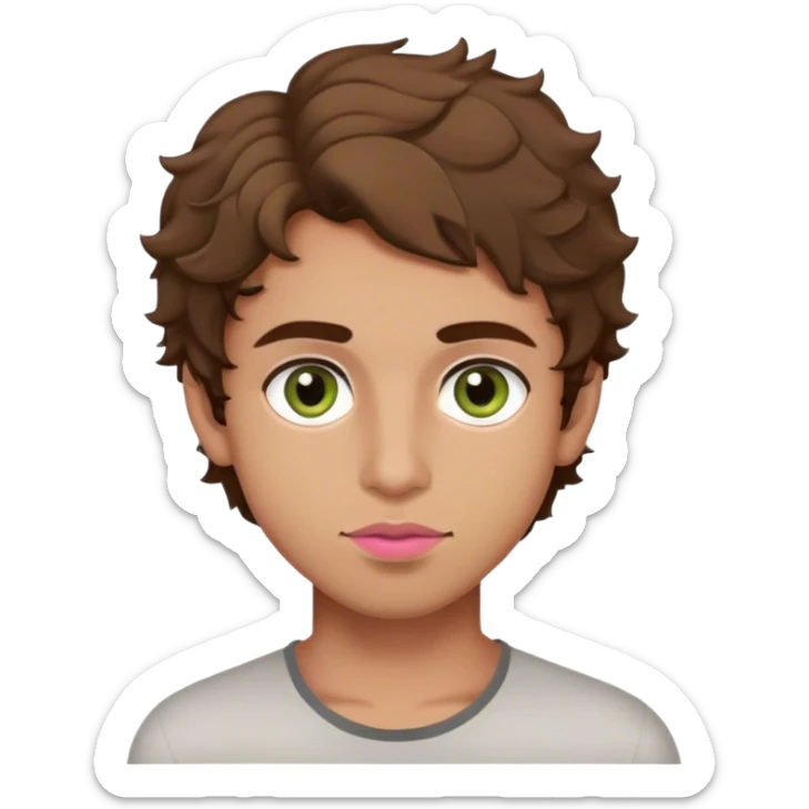 Pakistani boy  with hazel green eyes, brown hair slightly curly, and olive skin and masculine face, and pink lips and no makeup sticker