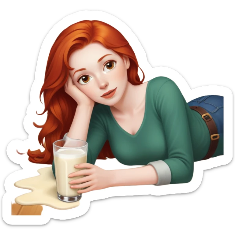 A red headed woman lying on floor with a pint of milk sticker