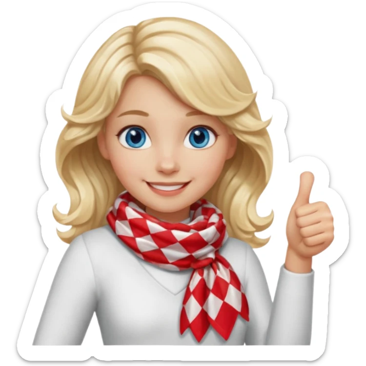 Blonde Girl, Blue Eyes, wavy hair, smiling, thumbs up, wearing red Checkered Triangle scarf, white dress sticker