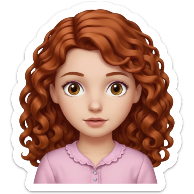 garota branca de cabelos longos cacheado partido ao meio castanho avermelhada com olhos castanhos e blusa rosa bebê sticker