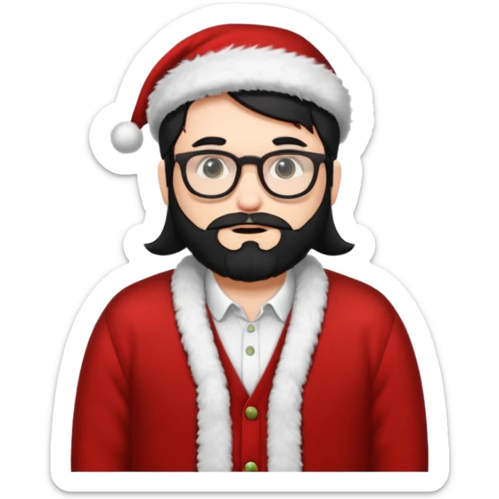 white man wearing glasses, black straight hair dressed as hipster Santa in a cardigan  sticker