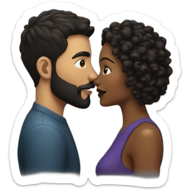 White man with a smooth black hair cut fade and a black beard kissing a black woman with long brown curly hair sticker