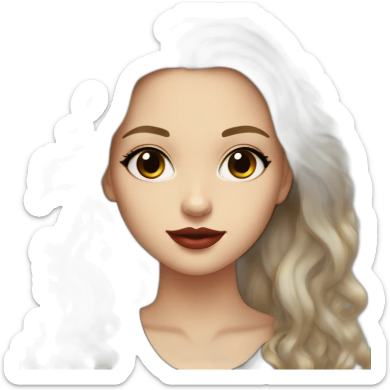 Beautiful young white woman with brown long waved hair brown eyes black eyelashes red lips sticker